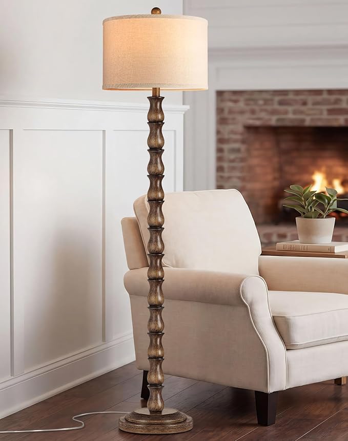 63.5" Rustic Floor Lamp for Living Room, Farmhouse Floor Lamp with Rotary Switch & Linen Shade, Vintage Resin Tall Standing Lamp for Bedroom Corner Office Home Decor, Dark Brown (LED Bulb Included)