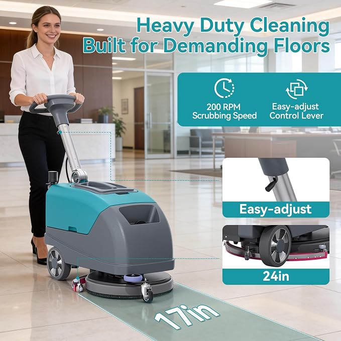 17" Walk Behind Commercial Floor Scrubber, 24" Squeegee Width | Battery Powered Cordless Floor Cleaner Polisher , 24000 SqFt/H Efficient Cleaning for Office Cafe Clinic Retail Store