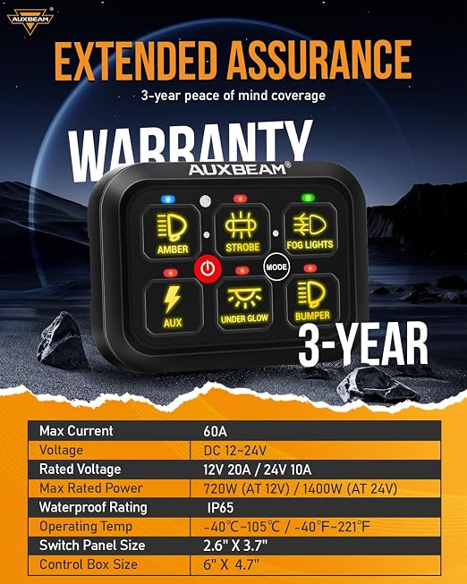 Auxbeam RGB 6 Gang Switch Panel RA60 Auto-Dimmable Switch Panel w/Momentary Toggle Pulsed Memory Function, 12-24V Switch Panel for Truck UTV Car Boat Waterproof, 3-Year Warranty