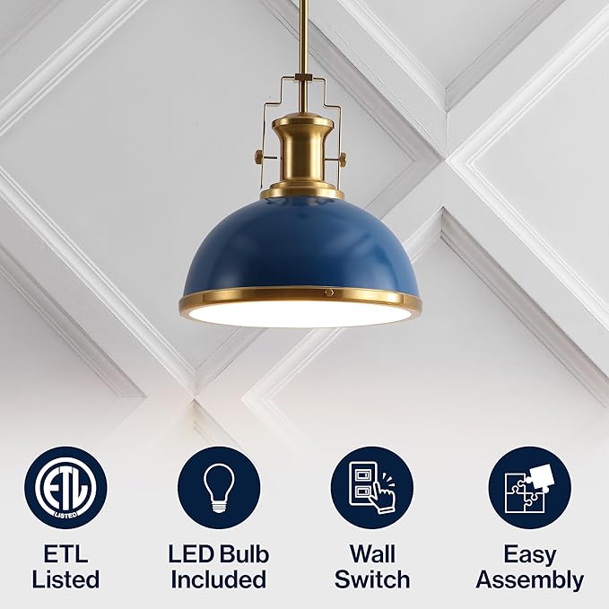 JONATHAN Y JYL9536G 13" Modern Industrial Dome Pendant Light, Farmhouse Hanging Light Fixture in Navy and Brass Gold, Adjustable Height Metal Lighting for Kitchen Island, Dining Room, Entryway
