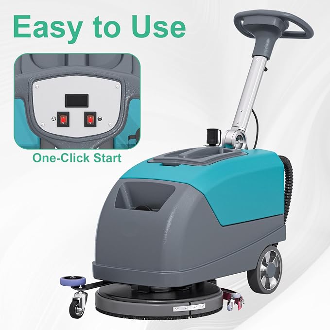 Walk-Behind Floor Scrubber Dryer with 16" Scrub Path, 24" Suction Width, 11-gal Sewage Tank, 10-Clear water tank, Foldable Walk Behind Hand Push Floor Scrubber 24000 Sqft/h