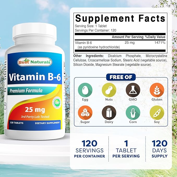 Best Naturals Vitamin B6 25mg, 120 Tablets (120 Count (Pack of 2))