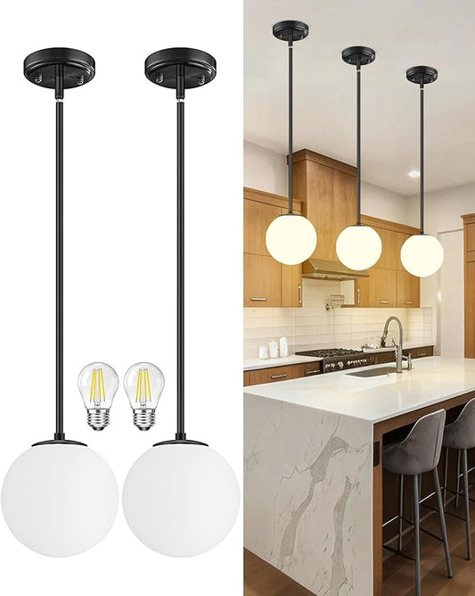 Majade Globe Pendant Lights Kitchen Island Mid Century Modern Pendant Light Fixtures 2 Pack 7.4 Inch Black Ceiling Lighting with Milk White Glass Shade Adjustable Hanging Light for Dining Room