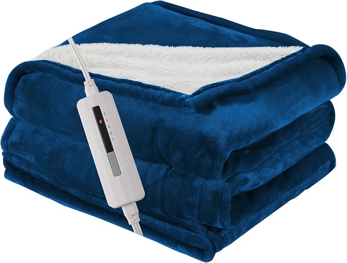Heated Electric Blanket Throw Size 50"x60" Thickened Flannel and Sherpa Heated Blanket,3 Hours Timer Auto-Off & 5 Heating Levels,for Bedroom Office Couch-DarkBlue