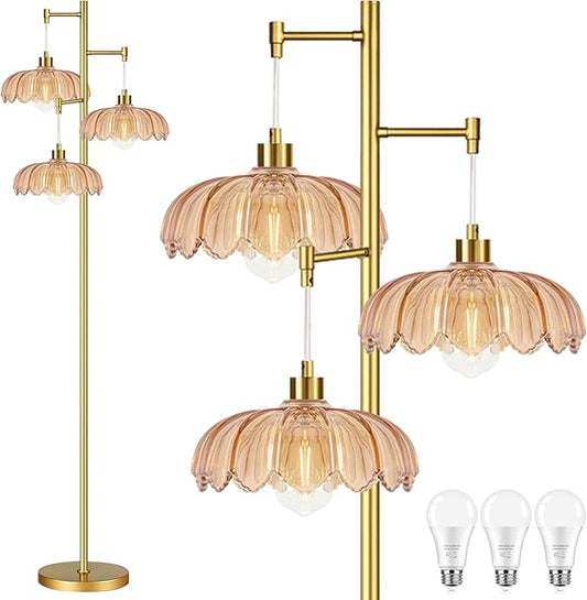 QIYIZM Glass Floor Lamp for Living Room,Bedroom,Gold Mid Century Modern Standing Lamp Brass Tree 3 Light Tall Floor Lamps Vintage Retro Floor Lights Flower Lamp Shade Farmhouse Boho Bohemian