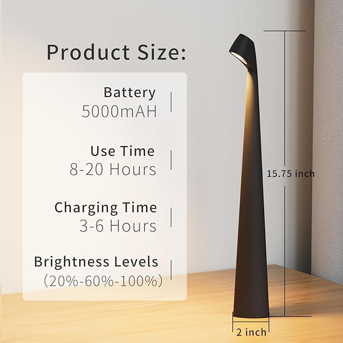 HAPYGI Portable Cordless LED Desk Lamp,Rechargeable Wireless Table Lamp, 3-Level Brightness, Patio Table Lamp, Bedside Night Light, Dining Room Ambient Light, Reading Light (Black)