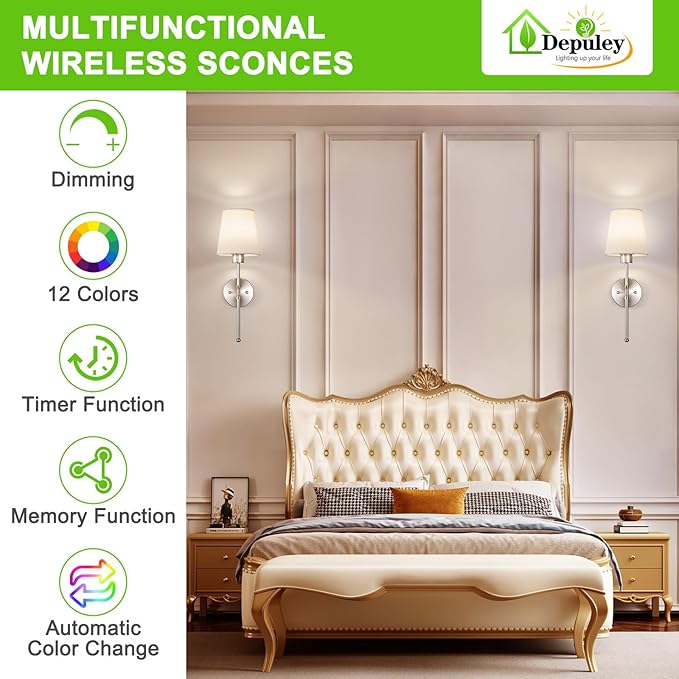 Depuley Battery Operated Wall Sconce: Set of 2 Wireless Wall Lights with Remote for Bedroom - Rechargeable 15 Colors 19.9" Wall Lamp for Living Room Hallway Decor