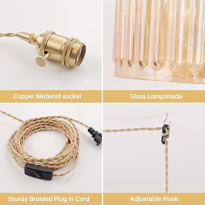Shenmoyl Plug in Pendant Light Hanging Light Fixtures with Plugin Cord On/Off Switch,Amber Striped Glass Lampshade Brass Pendant Light