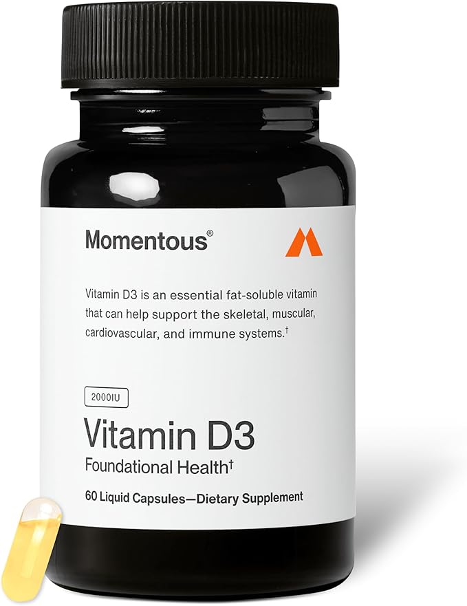 Momentous Vitamin D3 Supplement - 2,000 IU Capsules for Foundational Health Support - NSF Certified for Sport - Gluten-Free - 60 Servings