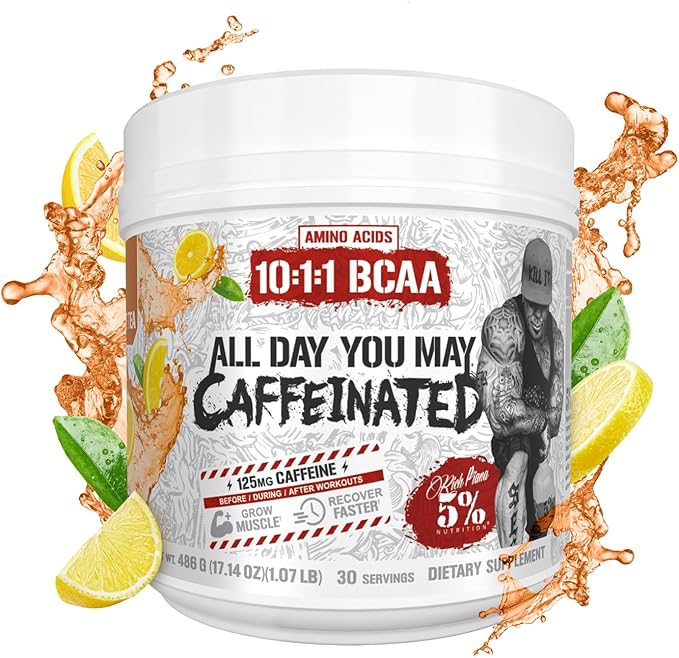 5% Nutrition Rich Piana AllDayYouMay Caffeinated BCAA Energy Powder | Premium Pre Workout Amino Energy & Electrolytes | Hydration, Endurance & Recovery | 16.3 oz, 30 Servings (Southern Sweet Tea)