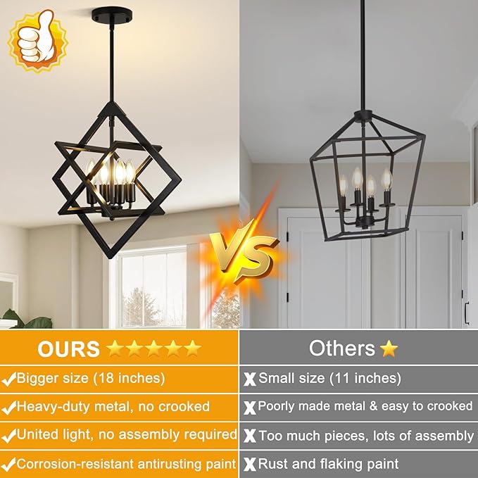2 Pack Modern Black Chandelier for Dining Room (18",4-Light), No Assembly Required Dining Room Light Fixture Over Table, Industrial Hanging Pendant Lights Fixture for Kitchen Island, Entryway, Foyer