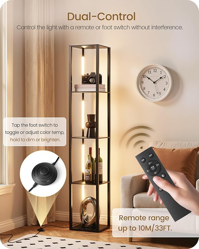 64.2" Display Shelf with Light, Modern Corner Floor Lamp with Shelves, 3000K-6000K LED Dimmable Standing Lamp with Remote for Living Room, Bedroom, Office, Adjustable CCT, Black Square B51LD05