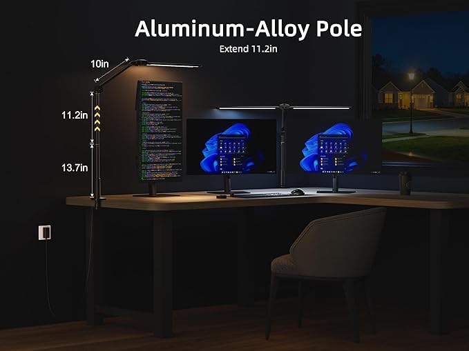 LED Desk Lamp for Home Office, Sensor Switch, 270° Rotatable & Extendable Aluminum Alloy Arm Desk Light, 24W Dimmable Lamp, 3 Color Modes Eye-Caring Dual Monitor Reading Study Task Lamp