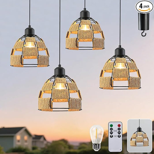 Battery Operated Chandelier with Remote & Timer, 7" Rattan Hanging Pendant Light, 4*AA Powered Cordless Outdoor Indoor Light, Dimmable Outdoor Chandeliers for Gazebo Porch Patio Bedroom Decor（4P）