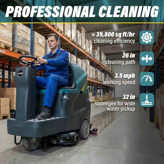 Commercial Ride-On Floor Scrubber Machine, 760mm Cleaning Width, 5000㎡/h Cleaning Efficiency, 100L Sewage Tank, 24V Battery Powered Floor Cleaning Scrubber for Warehouses, Malls, Factories & Parking