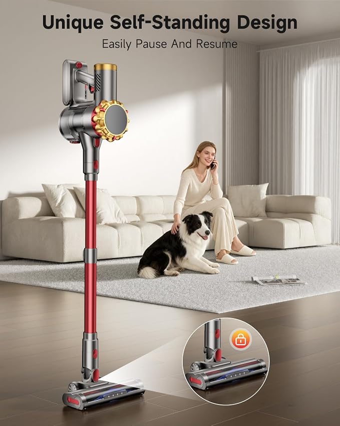 Cordless Vacuum Cleaner, 185AW Powerful Vacuum Cleaner for Home, 65 Mins Stick Vacuum with Self-Stand Design, Anti-Tangle, Lightweight Vacuum Cordless for Hardwood Multi-Surface Floor Carpet Pet Hair