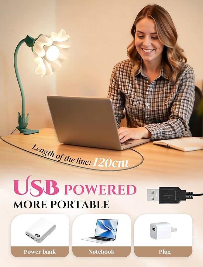 Clip On Light and Flower Desk Lamp, Flexible Gooseneck Reading Book Light with 3 Color Modes Cute Table Lamp Decor, Clip on Bedside Lamp for Bed Headboard,Table, Nursery,Dorm (Green-02)