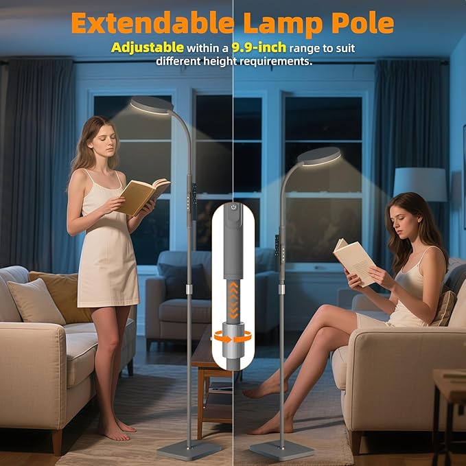 PACOVY Floor Lamp, Adjustable Height Floor Lamps for Living Room Bedroom, 120 LED Super Bright Standing Lamp Remote Control Dimmable Gooseneck Tall Stand Reading Lamp for Office Craft, Matte Gray