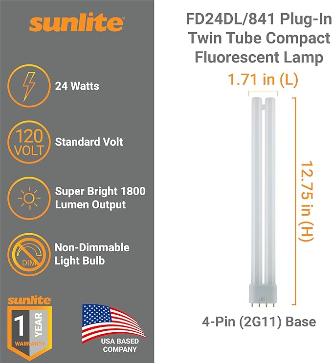 Sunlite FT24DL/830 Plug-in Twin Tube Compact Fluorescent Lamp, FT 4-Pin, 24 Watts, 1800 Lumens, 3000K Warm White, 4-Pin (2G11) Base, 120 Volts, 10 Pack