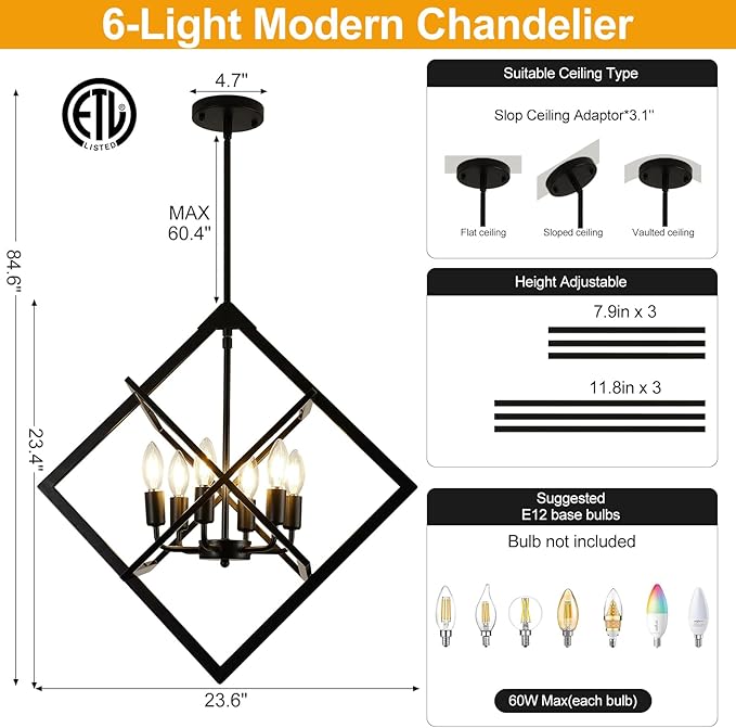 24" Modern Black Chandelier for Dining Room, No Assembly Required 6-Light Dining Room Light Fixture Over Table, Industrial Metal Hanging Pendant Lights Fixture for Kitchen Island, Entryway, Foyer