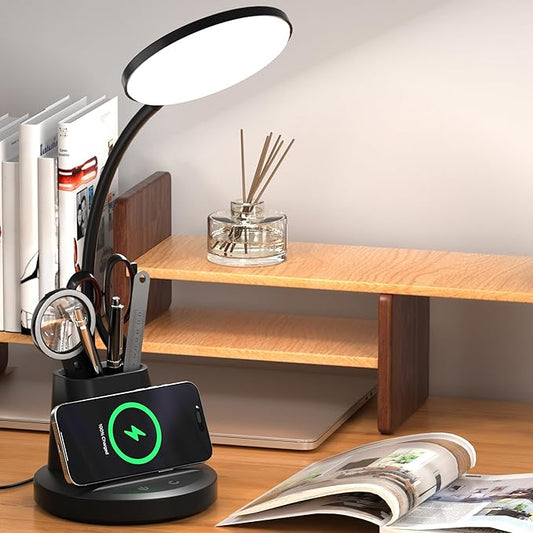 Desk Lamp with Wireless Charger, LED Desk Lamps for Home Office with Pen Holder, Dimmable Eye-Caring Study Desk Light Flexible Arm 3 Color Modes for College Dorm, 800 Lumens CRI 90