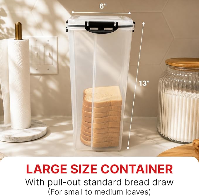Tafura Bread Storage Container with Tray, Plastic Bread Box, Bread Container with Airtight Lid, Loaf Bread Keeper, Bread Holder for Homemade Bread, BPA Free