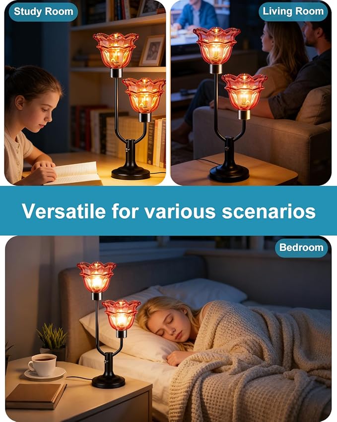 Lightdot Mid Century Modern Flower Table Lamp Dimmable Nightstand Lamp Red Glass Vintage Black Desk Lamp 2 Bulbs Included Warmwhite Ambient Bedside Lamps for Living Room Bedroom Home Office Decor Gift