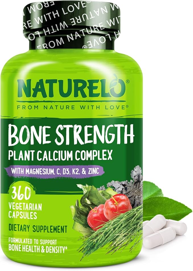 NATURELO Calcium Supplement with Vitamin C, D3, K2, and Magnesium Zinc for Bone Strength, 360 Vegetarian Capsules, with Calcium 600mg, Non-GMO, Plant-Based, Soy & Gluten-Free