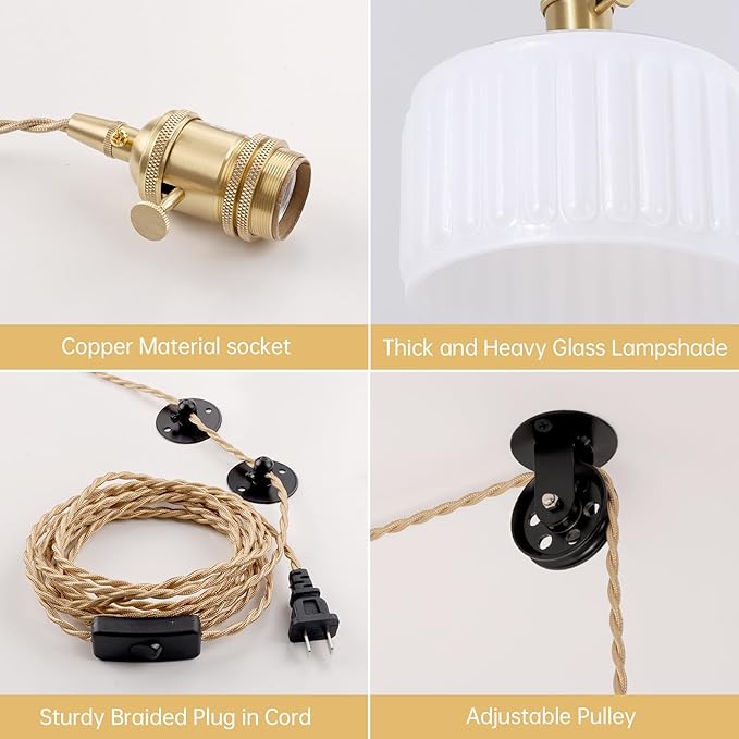 Shenmoyl Plug in Pendant Light Hanging Light Fixture Corded On/Off Switch Brass Pendant Light with White Striped Glass Lampshade for Bedroom Living Room Kitchen Island