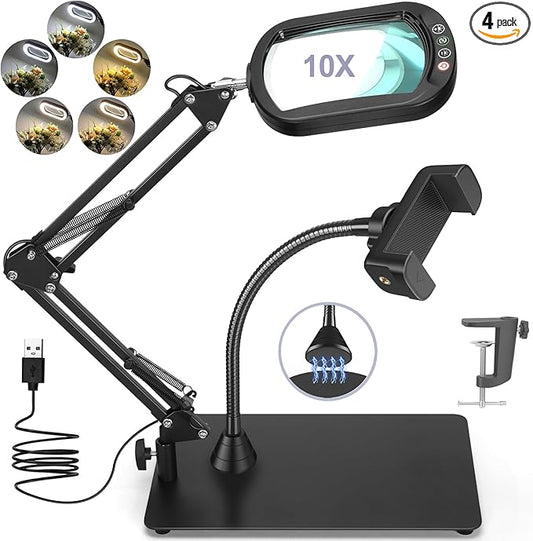 10X Square Magnifying Glass with Light and Stand, Real Glass LED Lighted Magnifier and Phone Holder, 5 Color Modes Stepless Dimmable, Hands-Free Desk Lamp for Craft Hobby Close Work Black and Holder