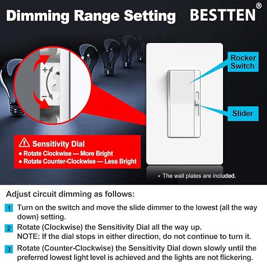 BESTTEN 24 Pack Super Slim Dimmer Light Switch, Single Pole or 3 Way, Max 300W LED/CFL, 600W Incandescent, Quiet Rocker, Screwless Wallplate Included, ETL Listed, White