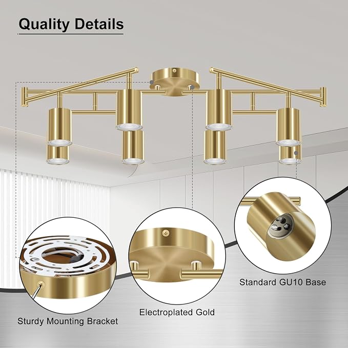 AUQUEE 8 Light Track Lighting Fixtures Ceiling, Gold Kichen Track Lighting Fixtures, Rotatable Light Heads, Adjustable Modern LED Track Lights for Kitchen/Hallway, No GU10 Bulb