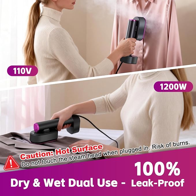 Handheld Garment Steamer, 2-in-1 Steamer & Iron, 1200W Fast Heat, 190ml Detachable Water Tank Portable Travel Steamer with LED Display, 6 Modes, for Home & Travel