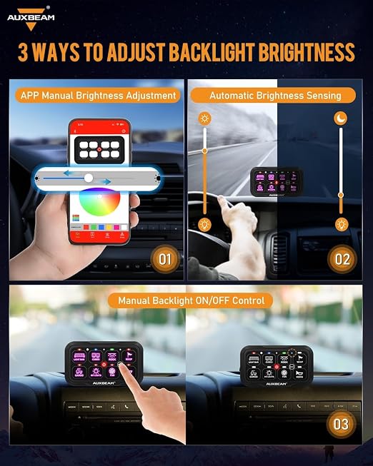 Auxbeam 8 Gang Switch Panel Bluetooth RGB AC-800 with APP&Remote Control Toggle Momentary Pulsed Switch Pod Off Backlight for Truck Offroad UTV ATV Car Marine 12-24V Waterproof 3 Years Warranty
