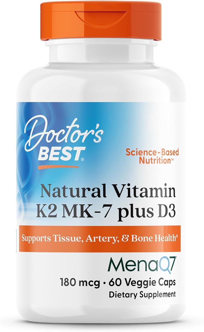 Doctors Best Vitamine K2 MK-7 et D3 naturelles, soutient les tissus, les artères et la santé des os, sans OGM, sans gluten, sans soja, végétarien 60 gélules végétales