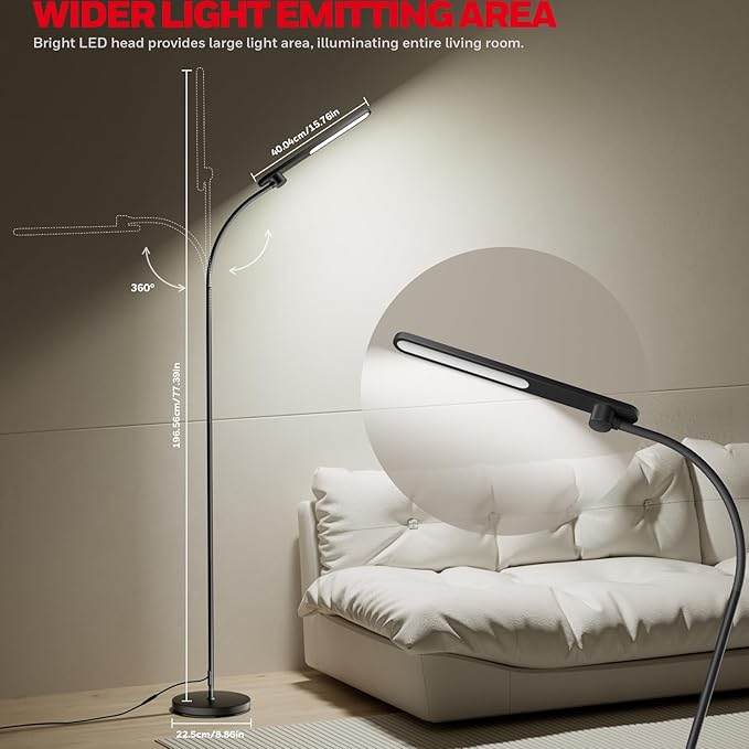 Honeywell LED Floor Lamp for Reading, CRI97 Full Spectrum Gooseneck Floor Lamp, Eye-Caring Dimmable Standing Task Light, 3 Color Temperatures, 77.5" Tall for Living Room, Bedroom, Office