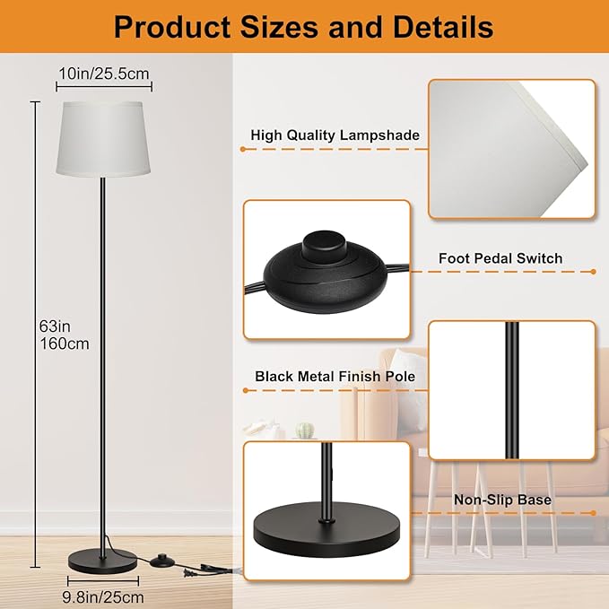 Ascher Modern Floor Lamp, 63" Standing Lamp with Foot Switch, Cream Lampshade, Cozy Decor Floor Lamps for Living Room, Bedroom, Home Office, E26 Base (Bulb Not Included)