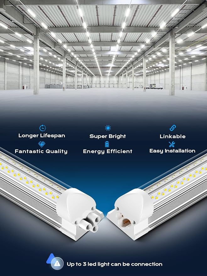 Super Bright 100w 8ft Led Shop Lights 10-Pack| 5000K 15000lm Linkable 8' Led Ceiling Garage Lighting Light Fixtures For Upgrades Garage Shop Workshop Warehouse Barn Lighting| Fluorescent Replacement