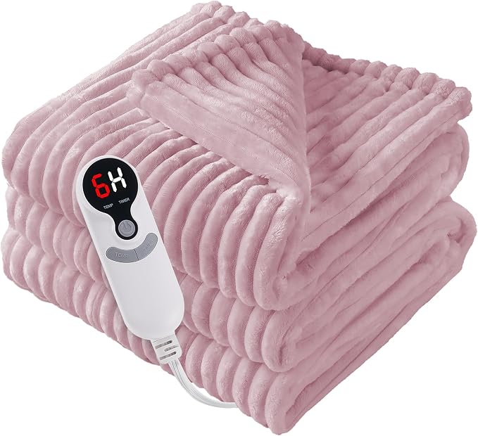 Electric Heated Blanket Twin Size 62"x84" with Cozy Flannel, 6 Heat Settings & 10 Hours Auto Off, Soft & Cozy Warming Throw for Home, Office, or Bed, Machine Washable, Pink