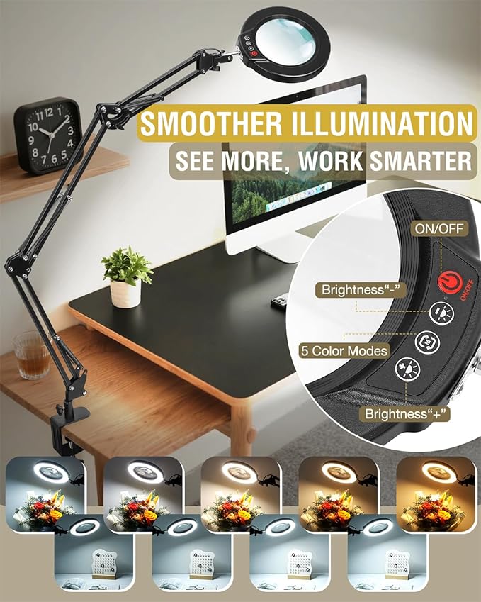 12X Magnifying Glass with Light and Clamp, Ultra Long 3 Section Swing Arm LED Desk Lamp, Real Glass Lens, 5 Color Modes Dimmable, Hands Free Lighted Magnifier with Stand for Repair Craft Close Work