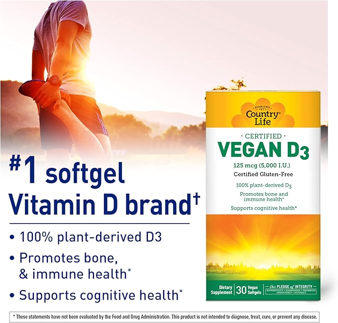 Country Life Vegan D3 5000 UI – Vitamine D3 d'Origine Végétale Issue du Lichen – Soutien Immunitaire et Osseux Haute Puissance – Certifié Végane, Sans Gluten, Sans OGM – 30 Gélules Molles