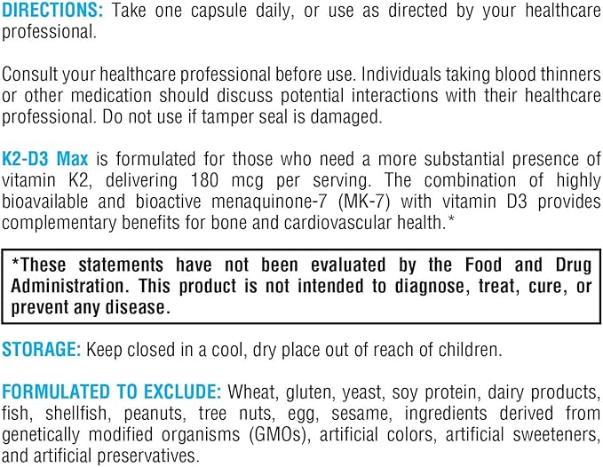 XYMOGEN K2-D3 Max - Vitamin D3 K2 with 180mcg VIT K Per Capsule - Bioavailable Vitamin D 5000 IU (Cholecalciferol) with K2 MK-7 - Bone Health + Immune Support Supplement (60 Capsules)