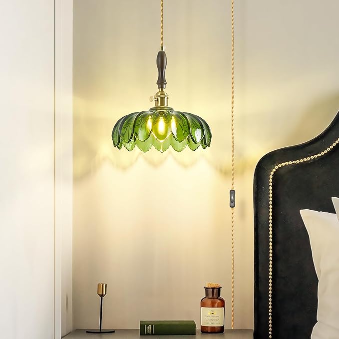 Modern Green Plug in Glass Pendant Light Retro Flower Glass Hanging Lamp Gold Brass Decorative Adjustable Ceiling Hanging Light Suitable for Kitchen Island Bedroom Dining Room Living Room