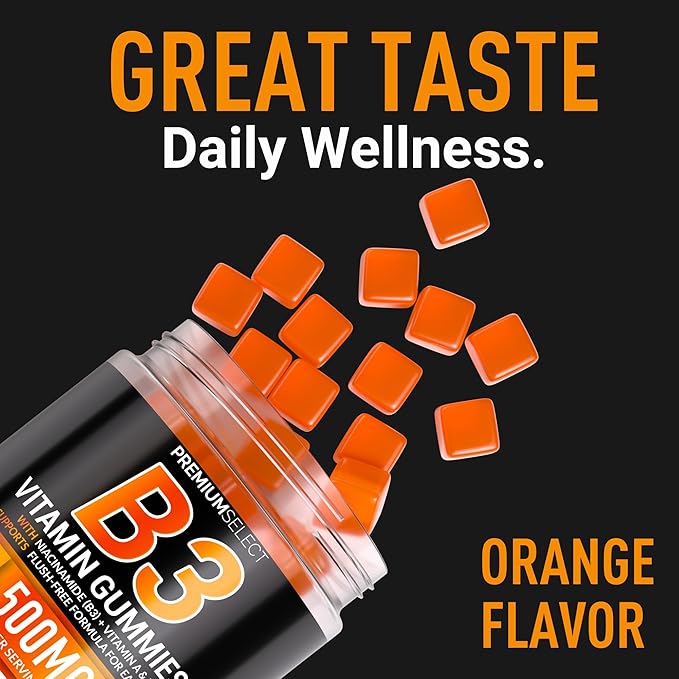 Gummies de Vitamine B3 Niacinamide 500 mg – Supplément de Niacine sans Effet Flush avec Vitamines A et E – 120 Gummies Véganes pour Adultes – Sans OGM, Sans Sucre, Sans Gluten – Approvisionnement pour 2 Mois