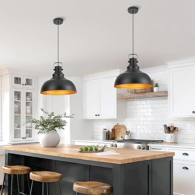 Refice 16 Inch Farmhouse Pendant Lights Kitchen Island Black Pendant Lighting Industrial Dome Island Pendant Lights, Adjustable Height, Hanging Lights, Dining Room, Barn