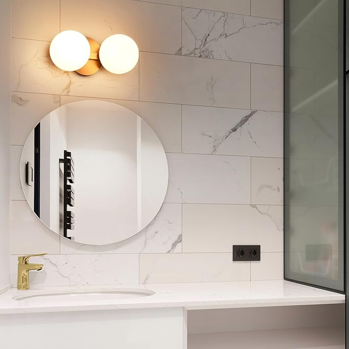 Gold Bathroom Vanity Light Fixtures, Modern 2 Lights Aged Brass Globe Wall Sconce Lighting, Porch Wall Mount Light Fixture for Bathroom, Mirror Cabinets Hallway Stairs