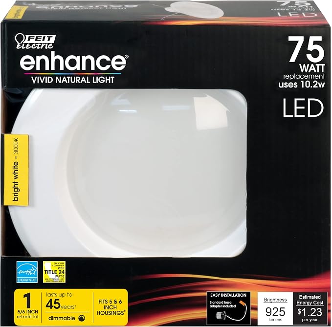 Feit Electric 5-6 inch LED Recessed Downlight - Pre-Mounted Trim - Standard Base Adapter - 3000K CCT Bright White - Dimmable- 75W Equivalent - 45 Year Life - 925 Lumens, LEDR56/930CA