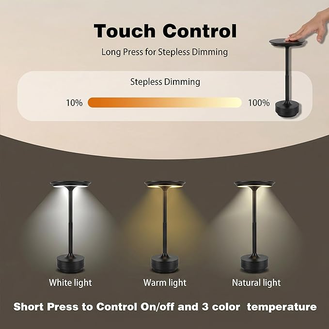 Rechargeable Cordless Table Lamp Set of 2, Portable Battery Operated LED Table Light, 3 Color Stepless Dimming with Touch Sensor for Outdoor Camping, Patio, café, Restaurant, Bars,Black