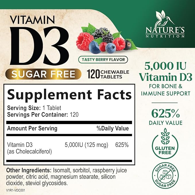 Vitamine D3 5000 UI (125 mcg) Vitamine D extra forte Nature's - Comprimés à croquer pour le soutien immunitaire, les os, les dents et les muscles - Sans sucre, sans OGM, sans gluten - 120 comprimés