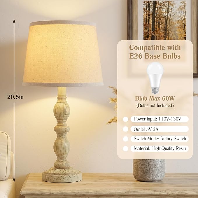 GyroVu 20.5" Table Lamps for Nightstand Set of 2, Farmhouse Lamps for Bedroom, Small Desk Lamps for Living Room, Linen Shades, Knob Switch, Bedside Lamps for Reading, Office(Creamy White)